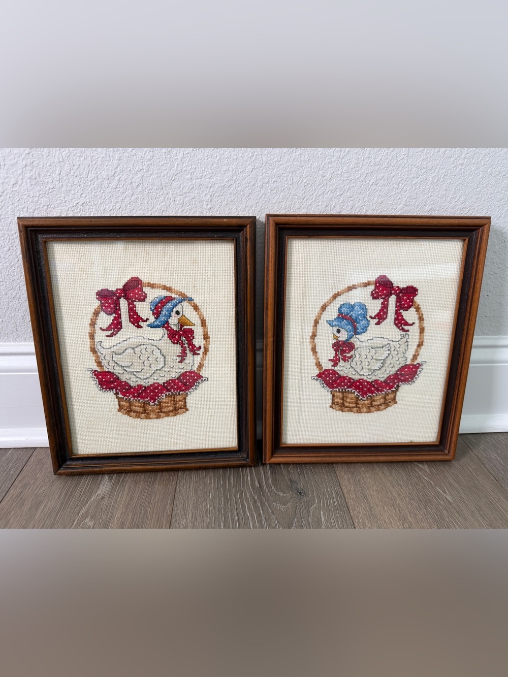 Vintage Set 2 Cross Stitch Goose & Hen Sitting In Baskets Bows Pictures Framed